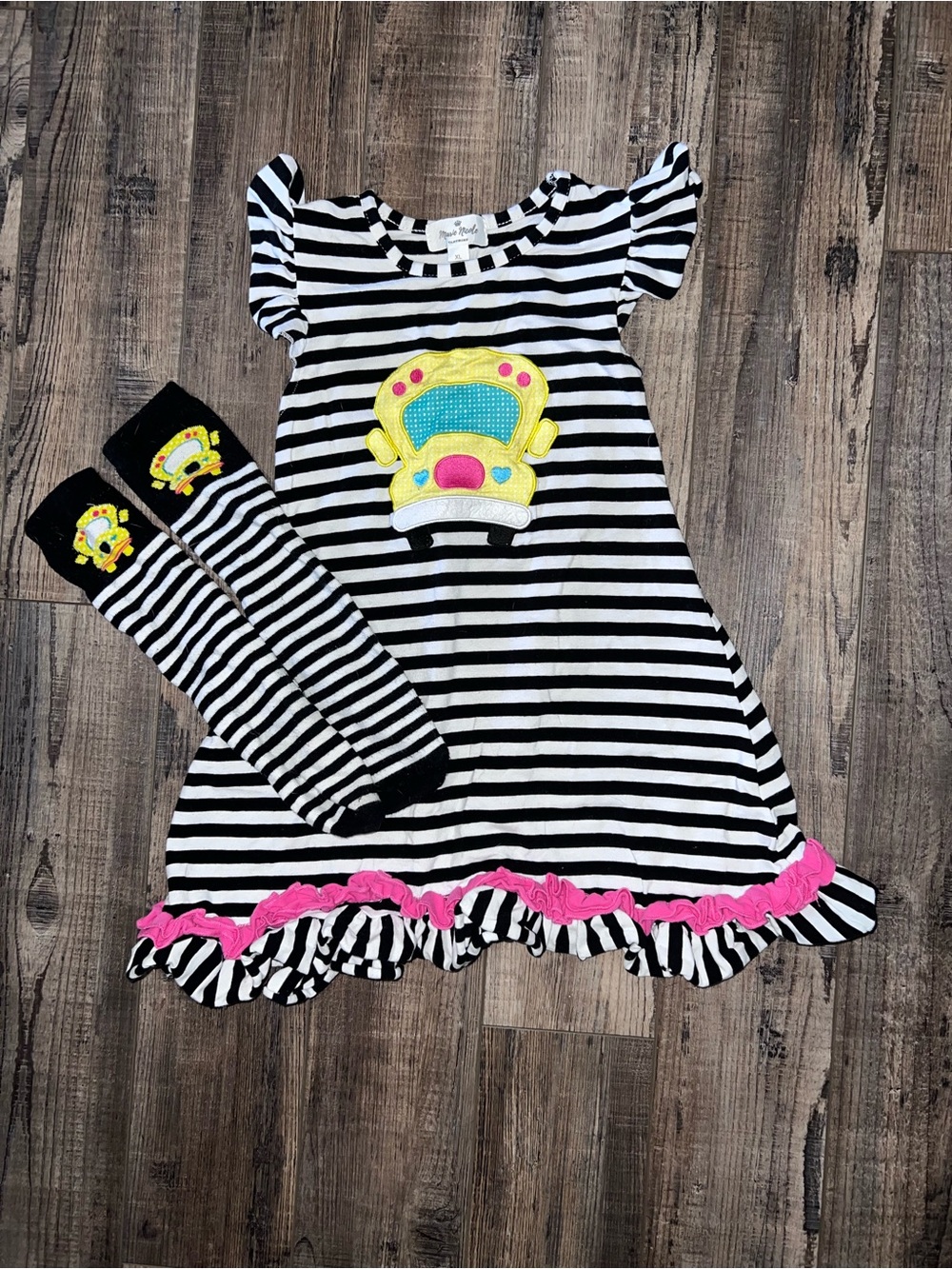 Black & White Stripe Kids Dress with Pink Trim and Yellow Buss Applique & Socks